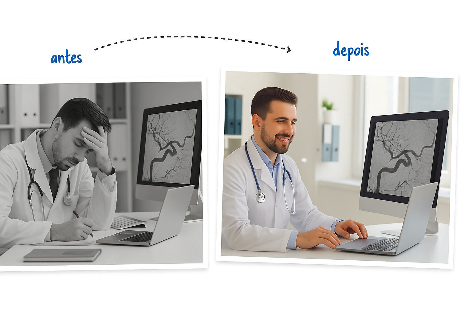 Antes e depois: Médico frustrado vs. Médico confiante interpretando angiografias